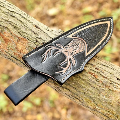 AJ SANITY Hand Deer Engraved Fixed blade Knife Leather Sheath Holster belt Loop Knives