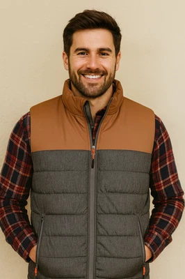 Gorpcore Puffer Vest Mens Medium Brown & Gray Colorblock Sleeveless Zip Pockets - Image 1 of 4