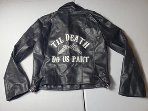 Women's Biker Jacket Black Faux Leather Fitted Small Coat "Til Death Do Us Part" - Picture 1 of 4