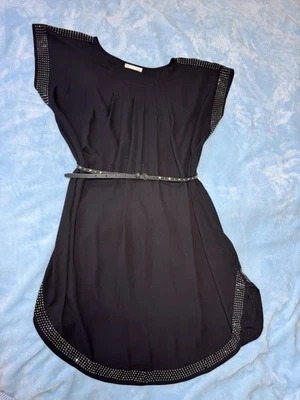 A’Gaci Black Studded Shift Mini Dress Belted Scoop Neck Curved Hem Size L - Image 1 of 4