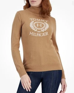 NWT Tommy Hilfiger Womens Stella Brown Logo Knit Turtleneck Sweater Top XS - Picture 1 of 5