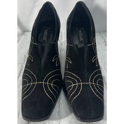 Matisse Brazil Black Gold Embroidered Suede Leather Pump Heel Shoes Size 10 - Image 1 of 4