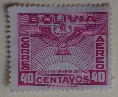 Bolivia Airmail Stamp, 1944, sc#C96, Mint, NG - Image 1 of 2