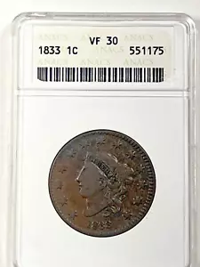 1833 Coronet Head Large Cent : ANACS VF30 - Picture 1 of 4