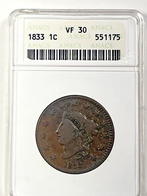1833 Coronet Head  Large Cent : ANACS VF30 - Image 1 of 4