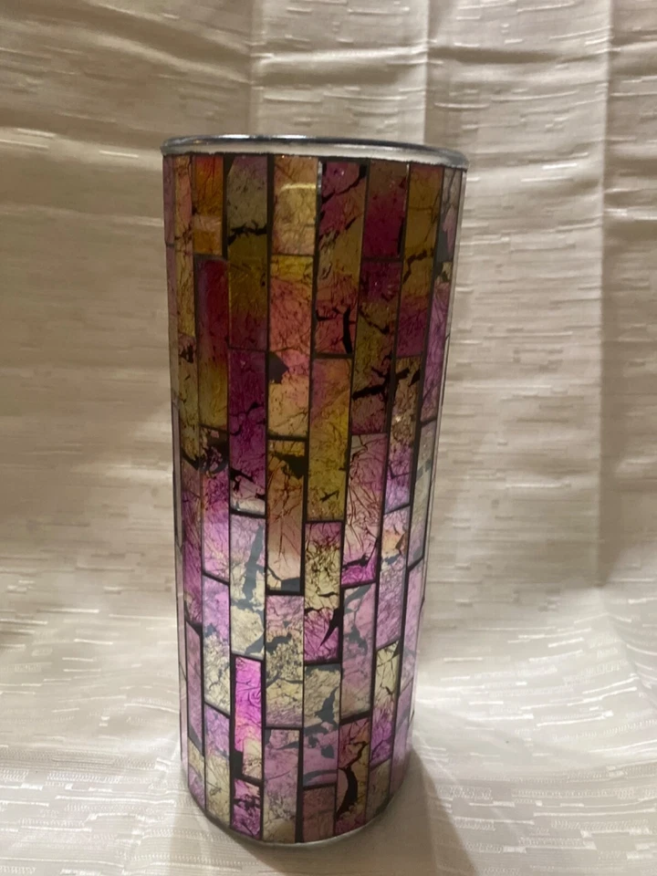 Vintage Mirror Glass Tiles Mosaic Decorative Cylinder  Vase Pink Tone 10”T 4”D - Image 1 of 1