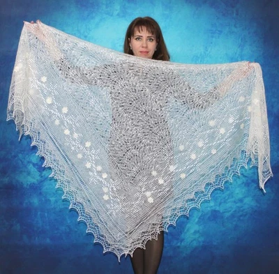 White Russian Embroidered Shawl Orenburg Kerchief Bridal Stole Wool Wrap Scarf - Image 1 of 4