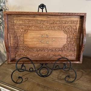 Vintage Archana handgeschnitzt Holz Rechteck Serviertablett Griffe Floral - 1304 - Bild 1 von 6