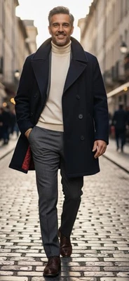 VTG STRUCTURE Men L Pea Coat Made In Italy Wool Blend Quilted Lining Navy Blue - Image 1 of 4