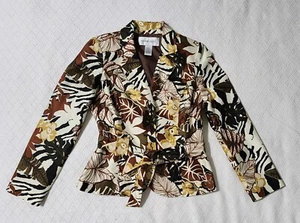 Victor Costa Jungle Print Jacket Belted Beaded Size 4 EUC Brown Lining - Picture 1 of 14