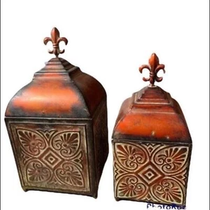 Pair of Rustic Metal Fleur de Lis Containers Patina Rust Finish - Picture 1 of 2