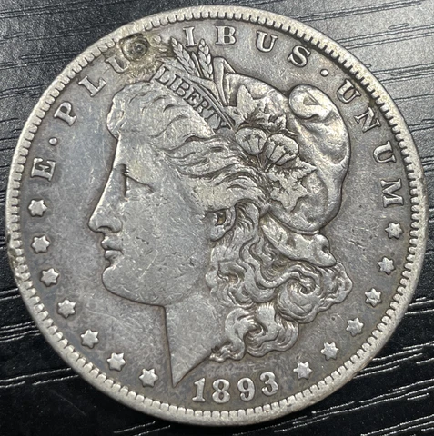 1893-CC $1 Morgan Silver Dollar Rare Key Date Carson City Mint VF Detail Damage Cover
