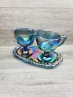 Indiana Harvest Grape Blue Carnival Glass Set of Sugar Creamer and Tray Vintage 