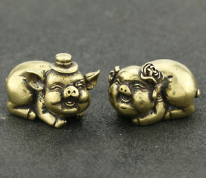 Pair Old China pure brass Handmade pig Ornaments antique statue