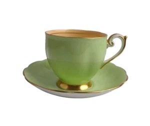 Vintage Queen Anne Tea Cup Saucer Set Mint Green with Blush Interior Gold Trim - Picture 1 of 9