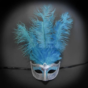 Masquerade Mask Feather, Baby Blue Silver Mardi Gras Venetian Ball Mask M6151 - Picture 1 of 4