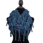 Womens Infinity Scarf Knit Crochet Blue Purple Fringed 14x32"