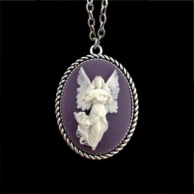 紫色守护天使项链复古维多利亚浮雕吊坠古董银色 — 第 1/3 张图片