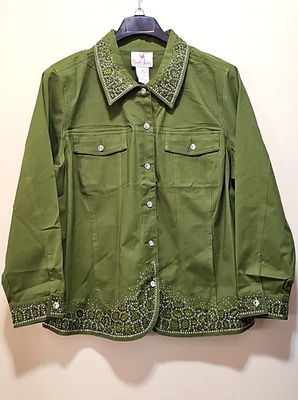 NWT Quacker Factory 1X Olive Green Embellished Jacket Women's Blazer Sparkly - Image 1 of 4