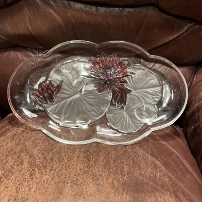 Bandeja para servir loto de vidrio vintage grande relieve floral grabado rosa claro  Foto 1 de 4