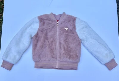 Guess Pink Faux Fur Coat Girls Size 7 Pink Rose Off White - Image 1 of 4