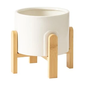 White Planter with Wood Stand 9 Inch Ceramic Planter for Indoor Plants Large ... - Picture 1 of 6