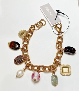 CHICOS Bracelet 8 Charms YGP Tiger-Eye Pearl Marcasite Agate Glass Bead 8" NWT - Picture 1 of 6