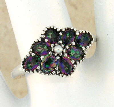 ANTIQUE STYLE RAINBOW MYSTIC QUARTZ & PEARL 925 STERLING SILVER RING        #390 - Image 1 of 3
