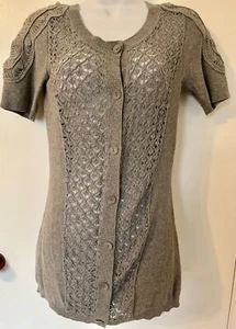HEATHER B WOMENS SMALL SSLV LGT HEATHER GRAY BUTTON UP CROCHET TUNIC SWEATER S - Picture 1 of 10