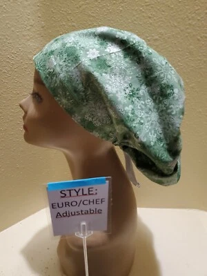 Snowflake (Green) Winter Women's  Euro/Chef Surgical Scrub Hat/Cap Handmade - Image 1 of 4