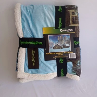 Remington Photoreal Reverse To Sherpa Throw Blanket Cabin Snow Wilderness - Image 1 of 4