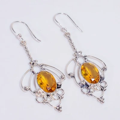 Citrine Gemstone Vintage Handmade 925 Sterling Silver Earrings 2.5" KE-437 I709 - Image 1 of 4