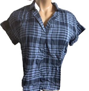 Time And Tru Damen blau kariertes Oberteil gerollte Ärmel Popover Große L (12/14) - Bild 1 von 4