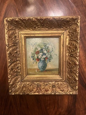 Kleines Ölbild Wild Blumen Strauss In Vase Stuck Rahmen Gold Gefasst „Hübsch“ - Bild 1 von 4