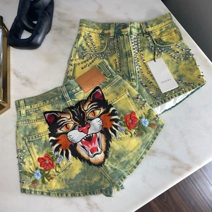 Gucci 24 Washed Studded And Tiger Embroidered Denim Shorts Green/Yellow NWT - Picture 1 of 12