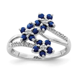 Sterling Silver Rhodium-plated 3 Flower Sapphire and Diamond Ring Size 8 - Picture 1 of 4
