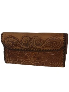 Vintage Tooled Leather Women’s Wallet Large Distressed  - Picture 1 of 8