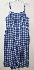 Old Navy Linen/Rayon Jumpsuit Sz XL Blue White Plaid Smocked Back Cropped - Picture 1 of 11