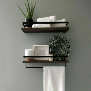 Utility 2 Large Rustic Wall Floating Shelf Bathroom Decorative Rack w/ Towel Rod - Picture 1 of 12
