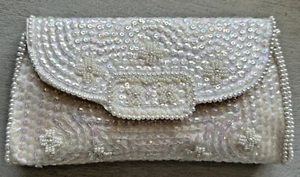 Vintage Handtasche weiß Perlen-Pailletten Handtasche cremefarben Pailletten irisierend Braut - Bild 1 von 21