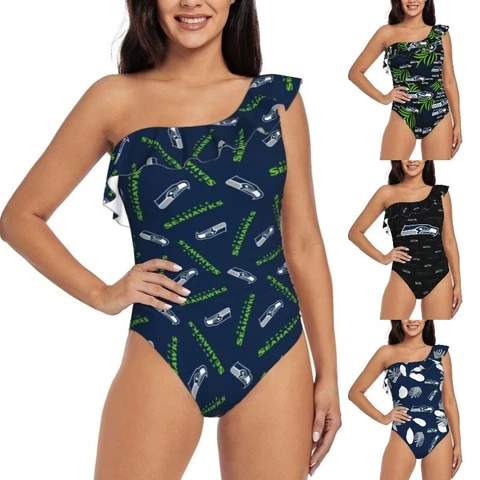Seattle Seahawks One Shoulder Ruffle Swimsuits Sexy Women's Bikini Swimsuit Cover