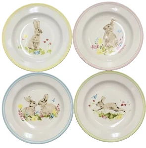 222 Fifth Susie Stripe Bunny Rabbits Snack Plates Set Of 4 NEW - Picture 1 of 1
