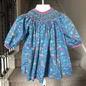 PETIT AMI Baby Girl Smocked Dress 3 Months Blue Floral Embroidered Long Sleeve - Picture 1 of 7