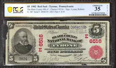 1902 RED SEAL $5 BLAIR COUNTY NATIONAL BANK NOTE TYRONE PENNSYLVANIA PCGS 35 NET - Image 1 of 2