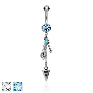 Turquoise Tribal Arrows Dangle Surgical Steel CZ Navel Belly Button Rings - Picture 1 of 4