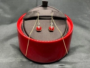 SALE ! Estate JCM 14k Yellow Gold Lucky Ladybug Enamel Threader Earrings 3.5” - Picture 1 of 9