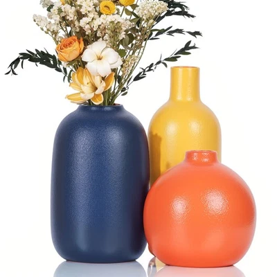 Juego de jarrones de cerámica coloridos, jarrones pequeños quemados naranja azul amarillo decoración del hogar, fa... Foto 1 de 4