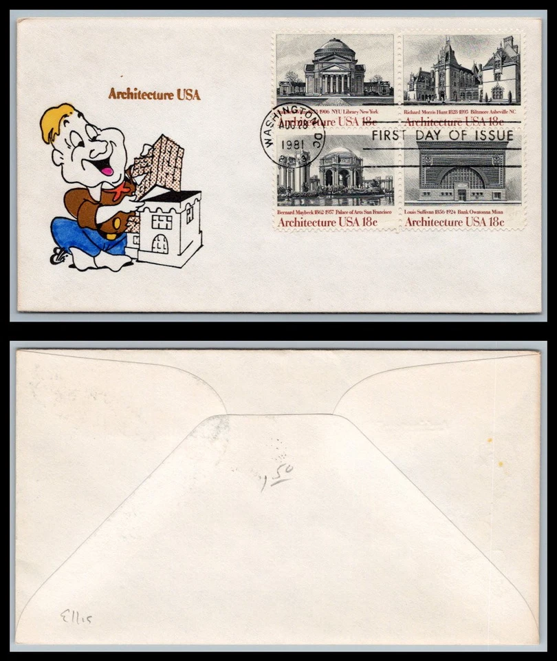 US FDC # 1928-1931 18c Architecture  Unknown block Uddctureissed 1981, 9p8594 - Image 1 of 1
