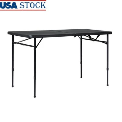 4 Foot Fold-in-Half Adjustable Folding Table Black Outdoor Utility Table New - Image 1 of 4