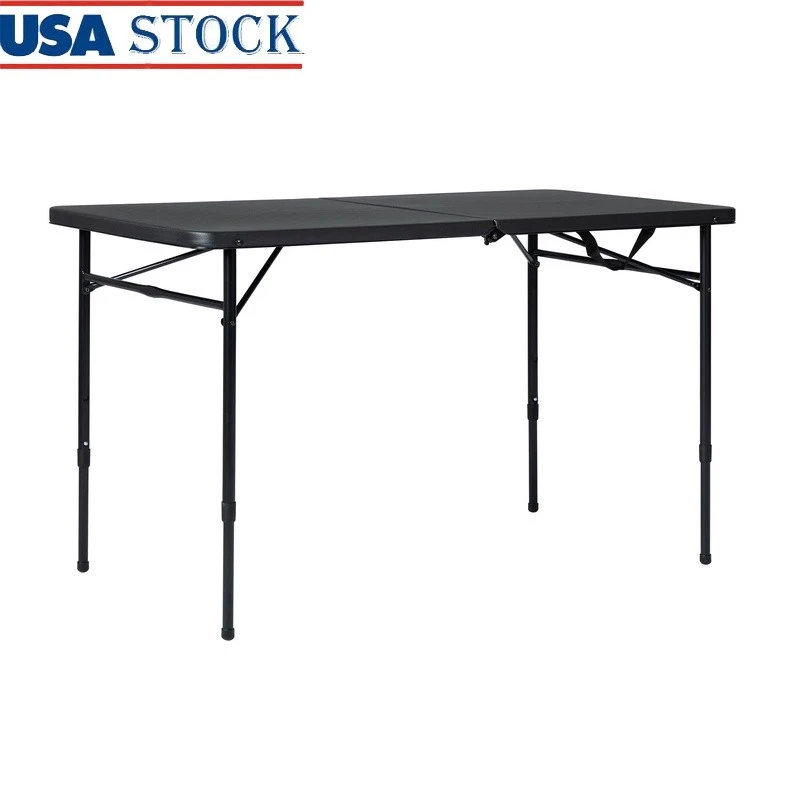 4 Foot Fold-in-Half Adjustable Folding Table Black Outdoor Utility Table New - Image 1 of 4